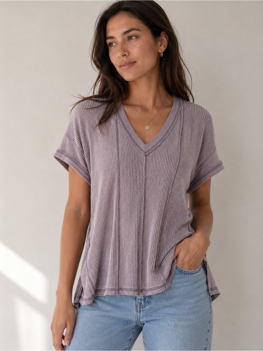 Theory Lavender Short Sleeve V-Neck Knit Top